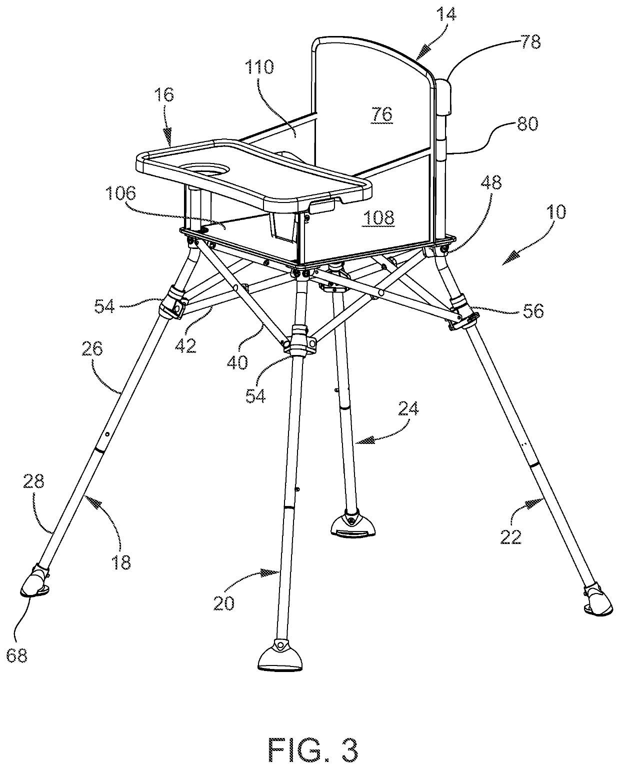 High chair apparatus with wide foot print