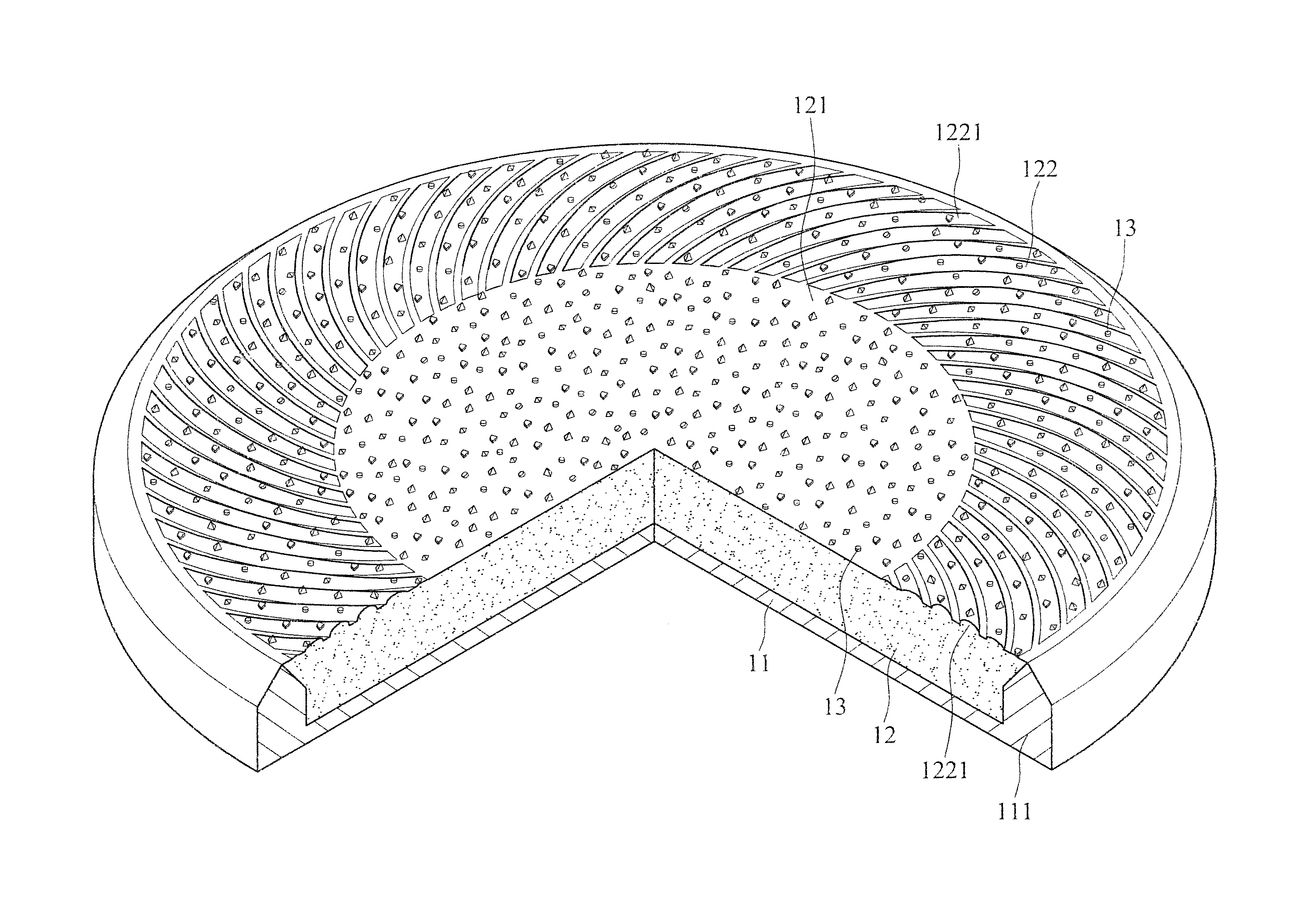 Arc blade-shaped processing surface structure of pad conditioner and manufacturing mold structure thereof