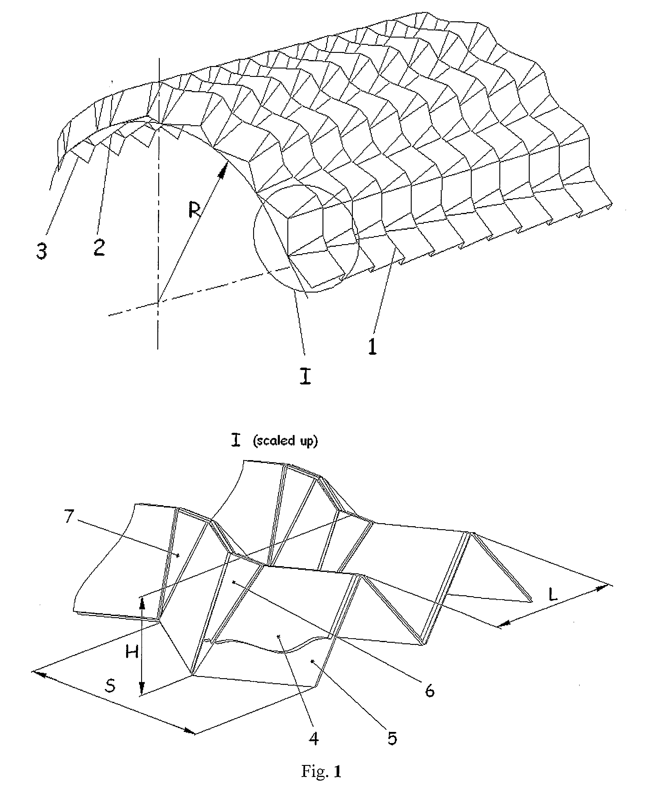 Foldable mandrel for production of a single curvature folded core for a sandwich panel