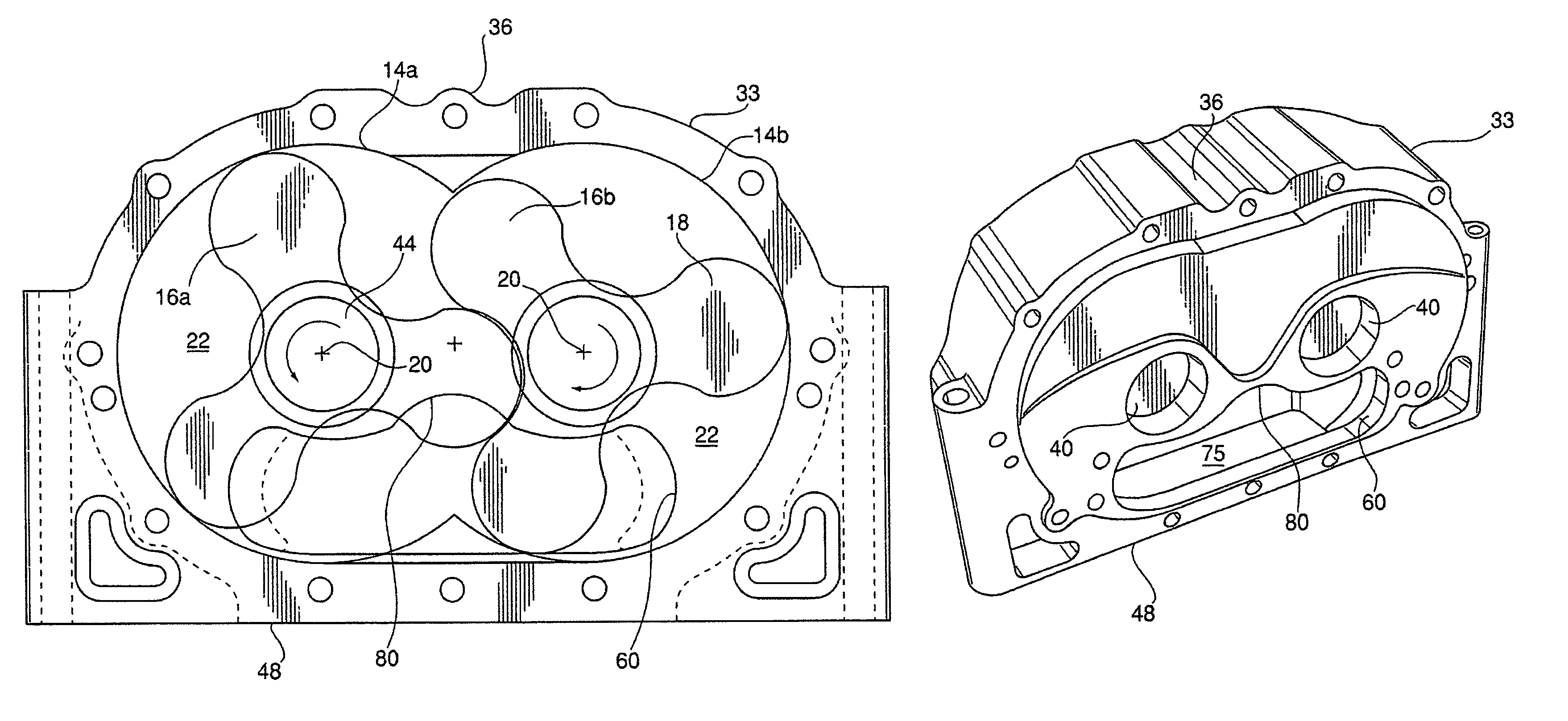 Roots type gear compressor with helical lobes having feedback cavity
