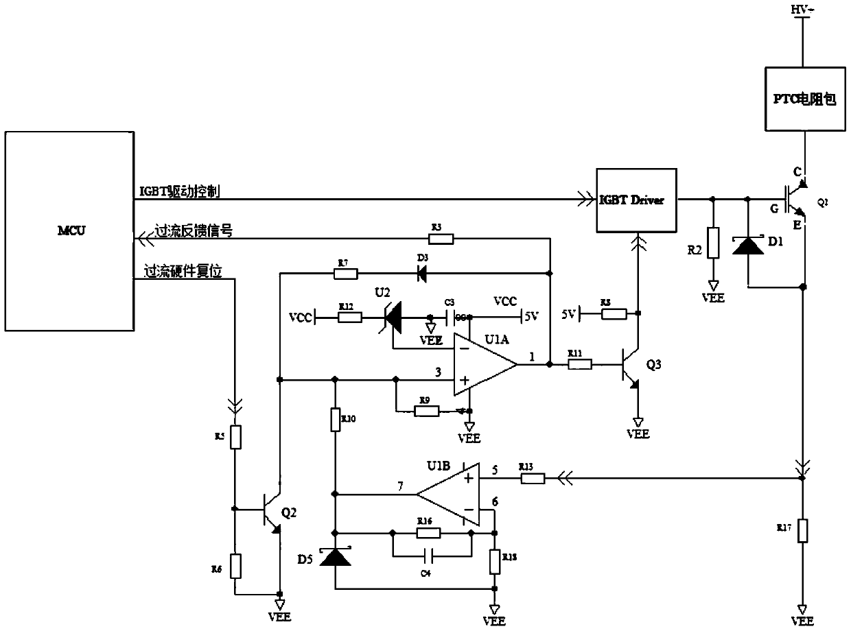 PTC water heater overcurrent detection software and hardware dual protection circuit