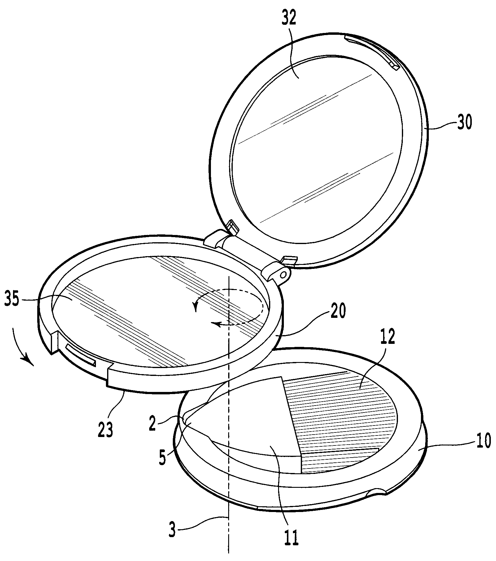 Cosmetic product compact having pivoting sections and a product application device