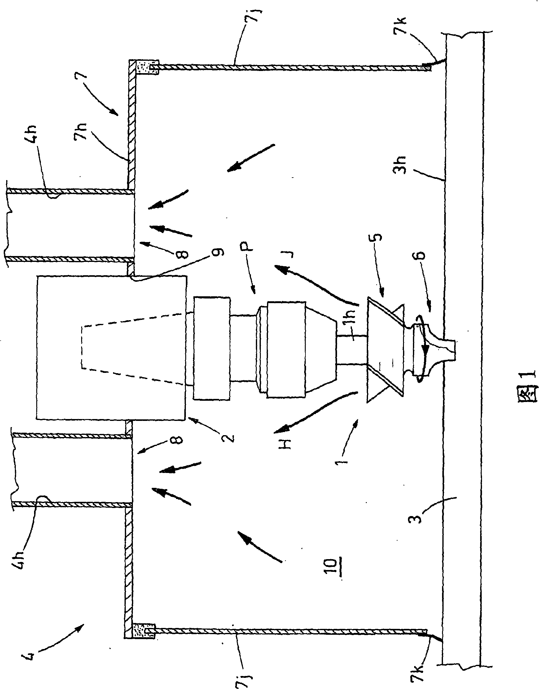 Cutting or etching device with tool provided with impeller for suction of dust