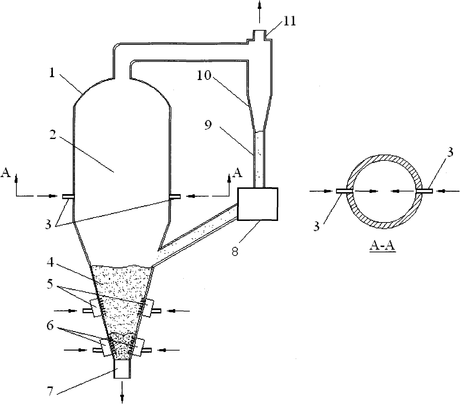 Method and device for jet/preoxidation/pyrolysis/fluidized bed gasification of carbon-containing solid fuel