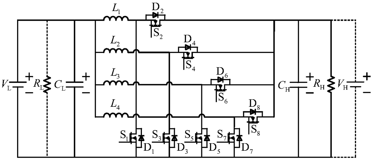 High-gain bidirectional four-phase DC-DC converter based on coupling inductor and control method