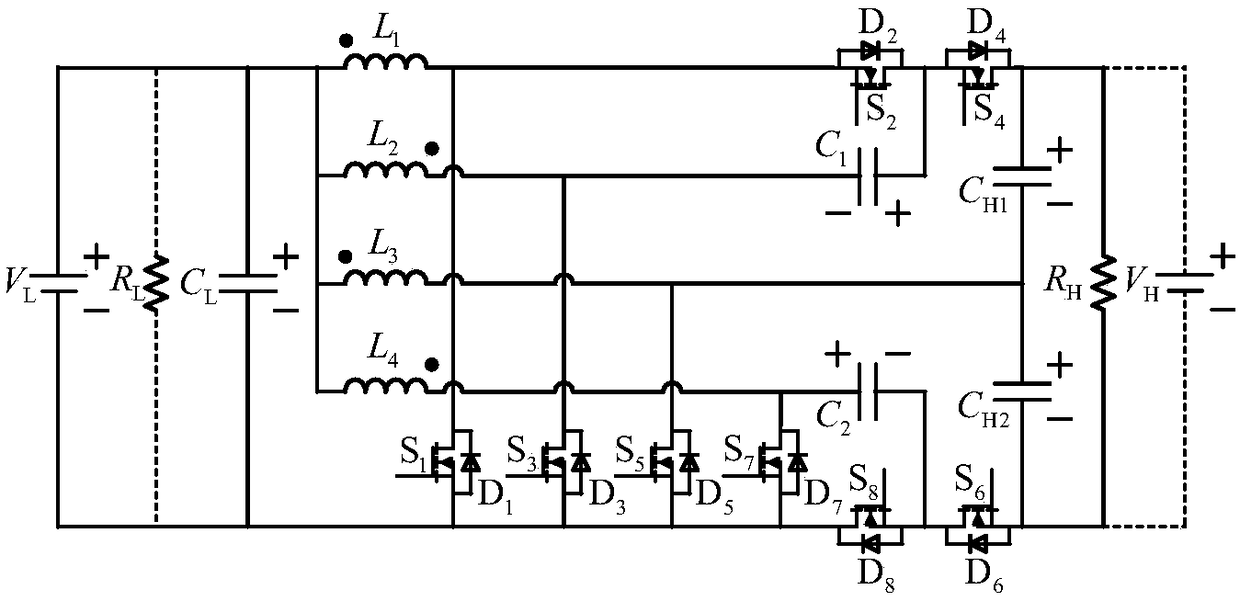 High-gain bidirectional four-phase DC-DC converter based on coupling inductor and control method