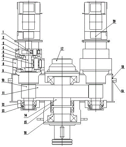 External gearing four-splitting pile machine speed reduction device with motors placed upside down