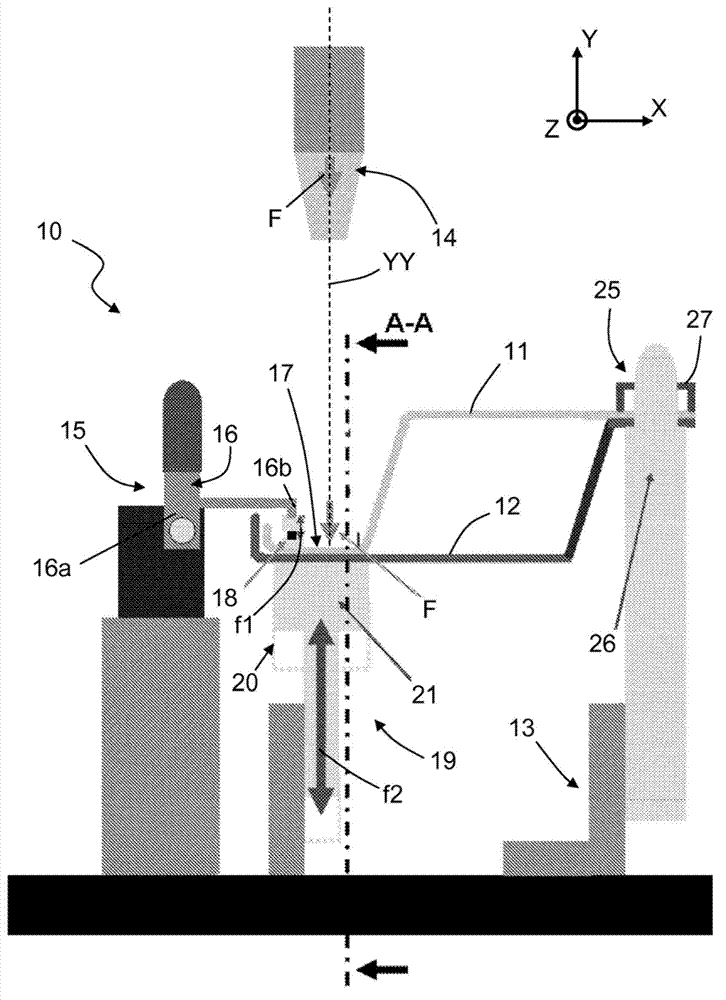 Device for assembling two parts made from thermoplastic materials by means of laser-transparent welding and associated assembly method