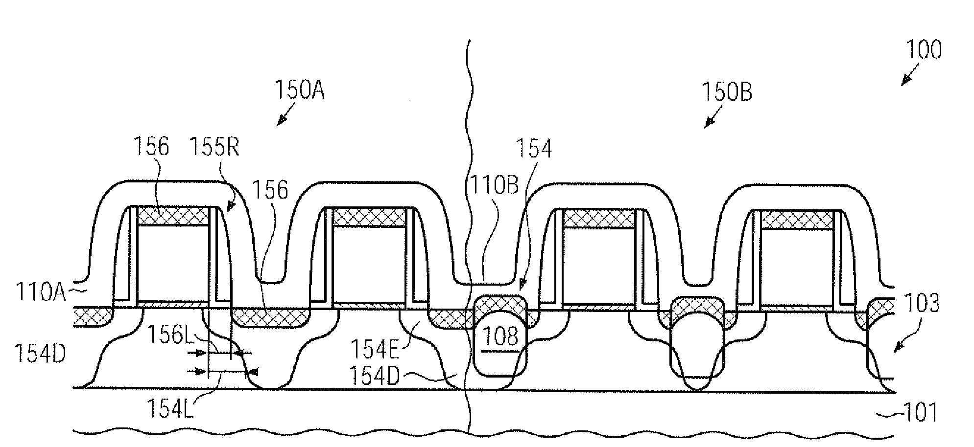 CMOS device comprising nmos transistors and pmos transistors having increased strain-inducing sources and closely spaced metal silicide regions