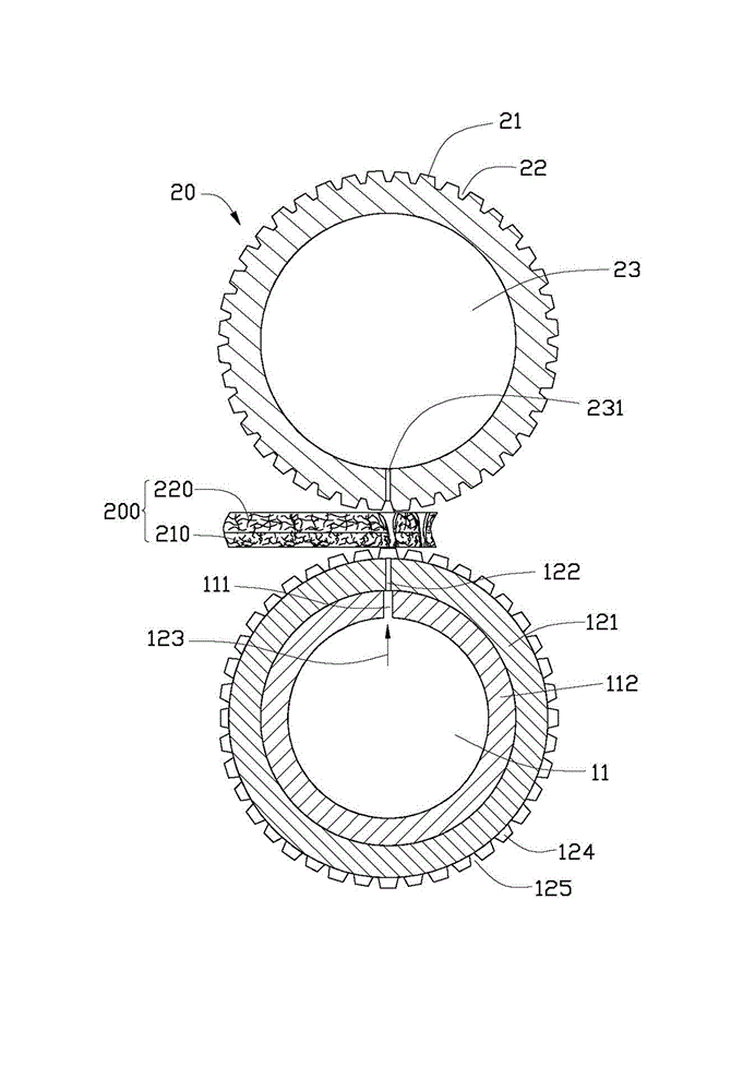 Embossing device and embossing process, composite non-woven fabric absorber, production device and process thereof