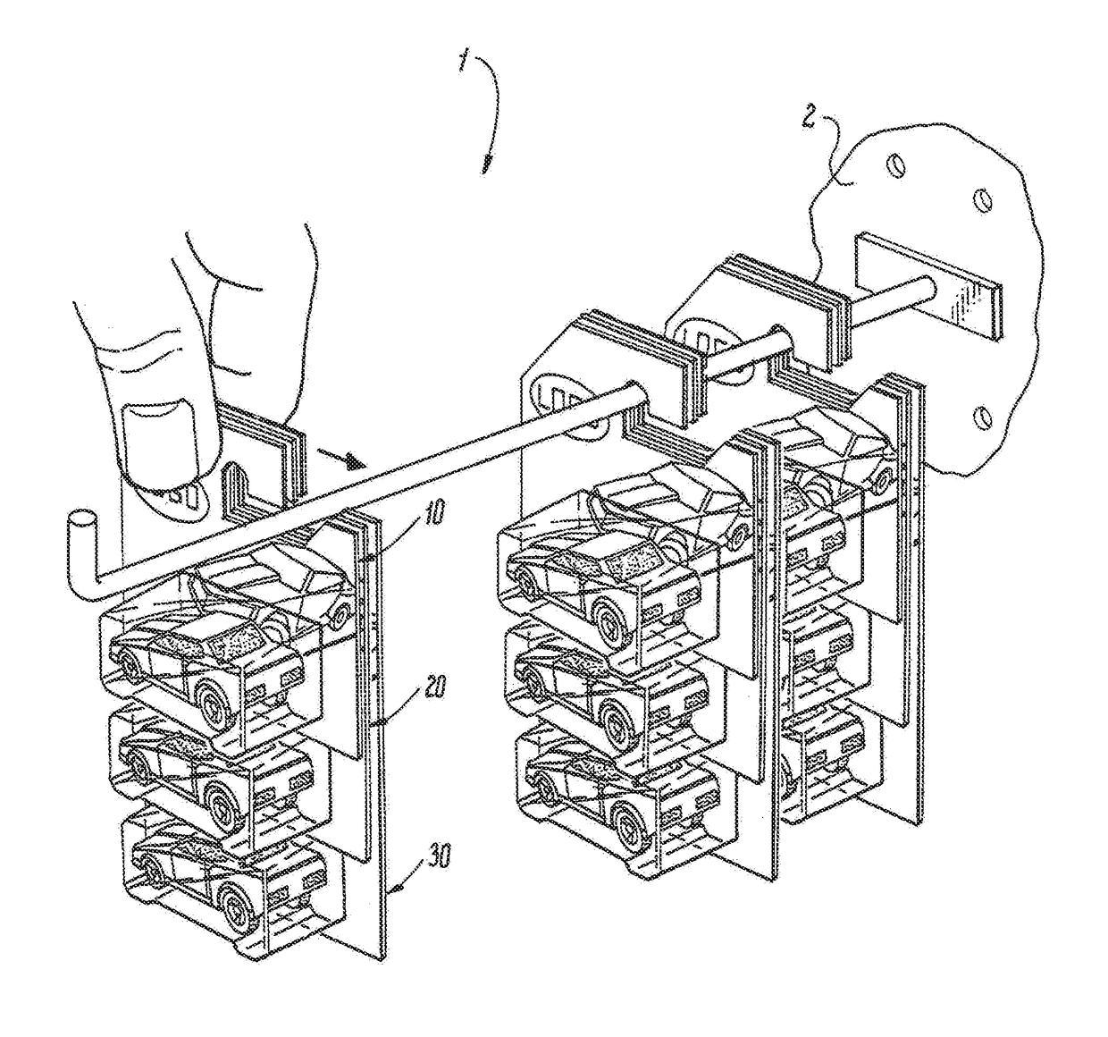 Planogram display for vertically oriented product containing display cards