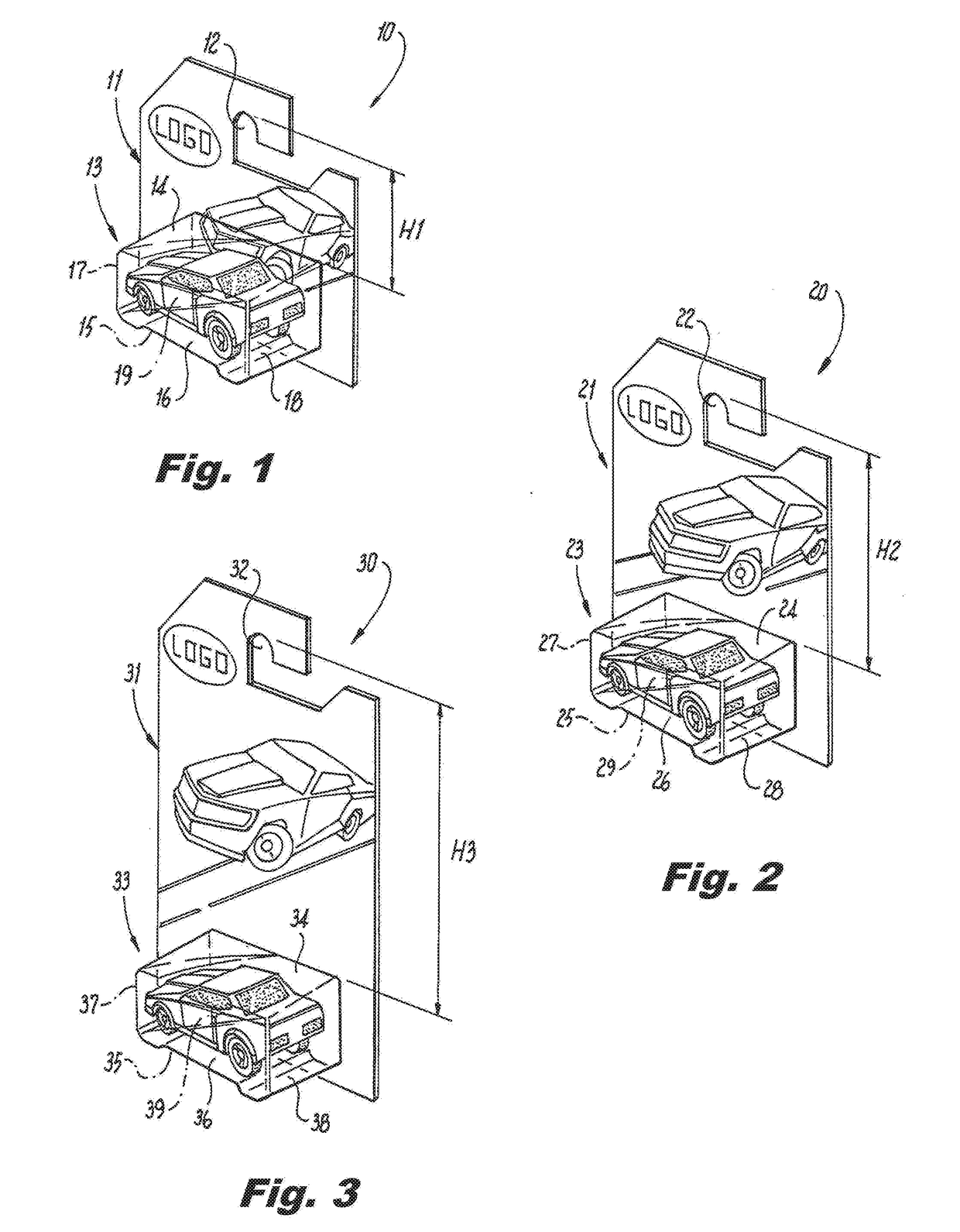 Planogram display for vertically oriented product containing display cards