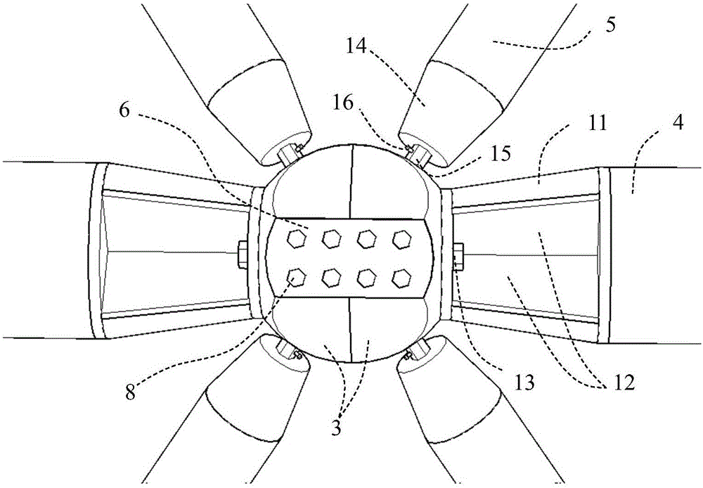 Six-rod-tetrahedral-module-unit assembled cover-plate-and-bolt-connected sphere joint and assembling method thereof