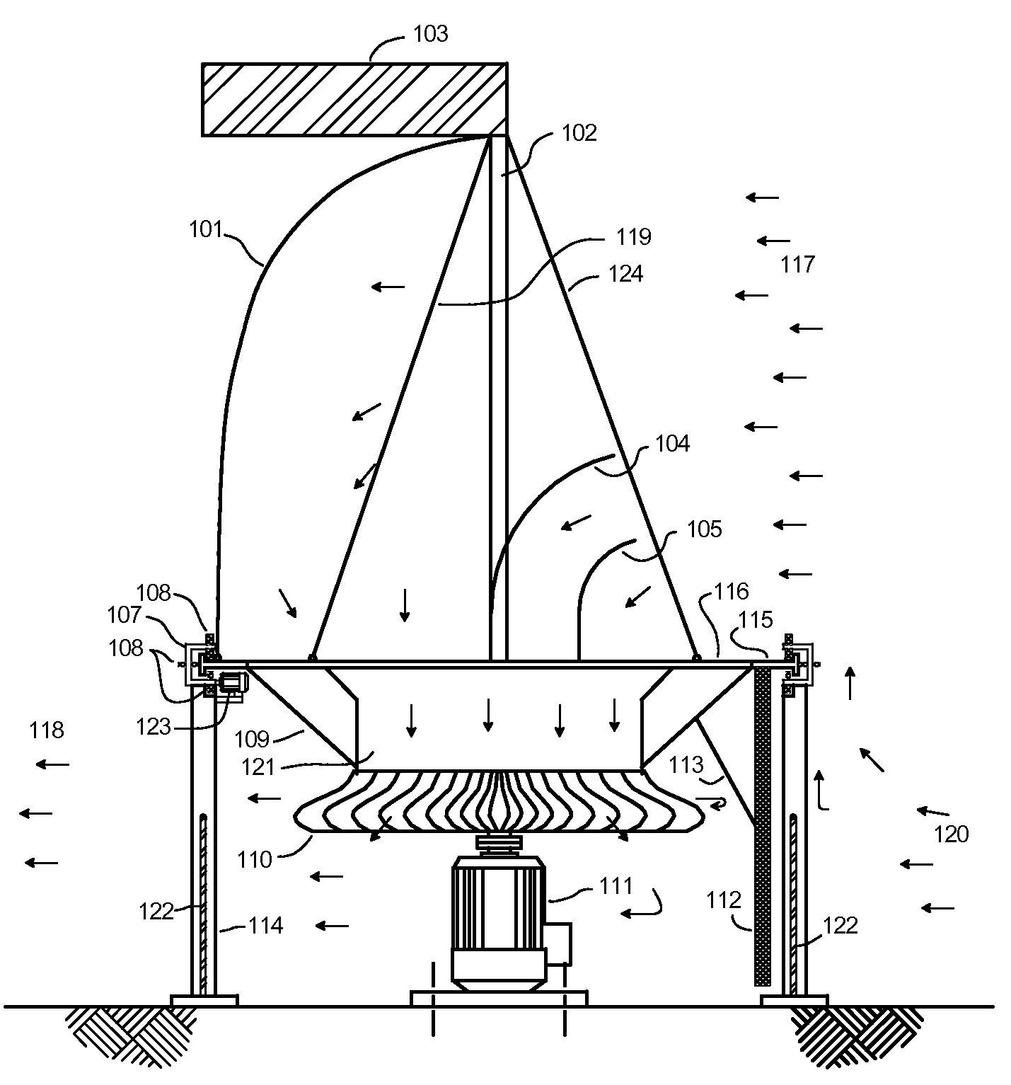 Vertical wind turbine system with adjustable inlet air scoop and exit drag curtain