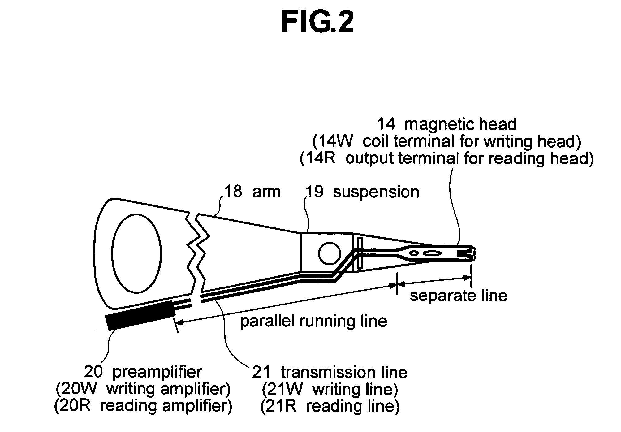 Magnetic disk drive having a suspension mounted transmission line including read and write conductors and a lower conductor