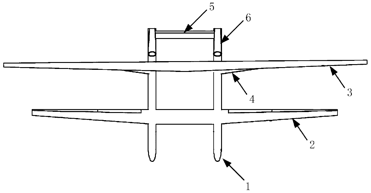 Aerodynamic layout of a high-altitude long-endurance aircraft with twin fuselages, high rear wings and three surfaces