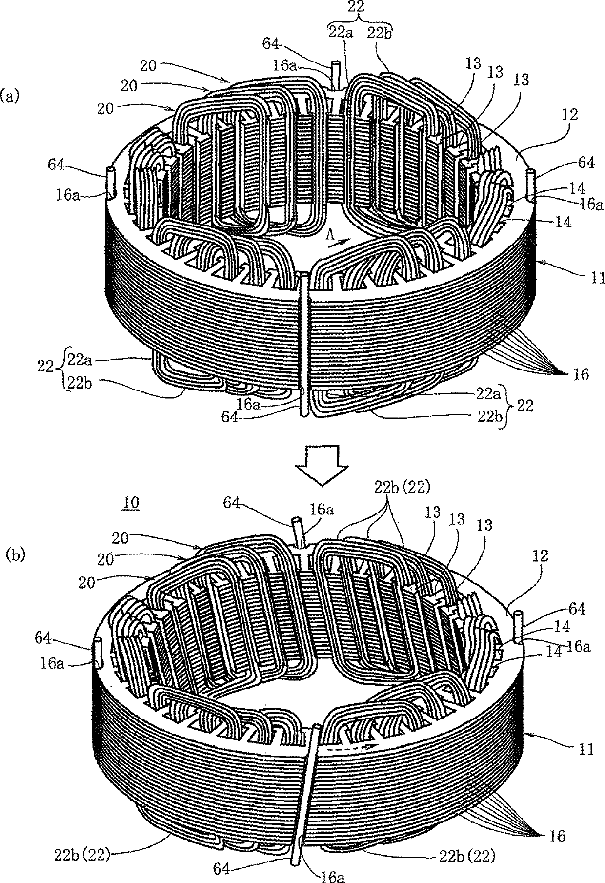 Method and device for manufacturing stator with skewed slots