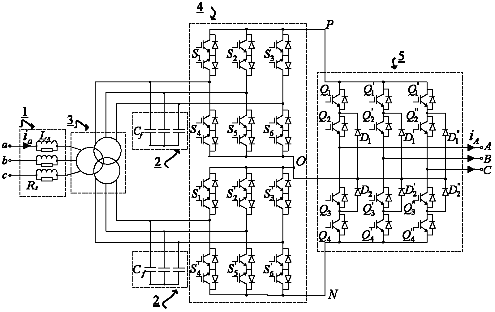 Diode clamped three-level high-voltage matrix converter and modulation method thereof