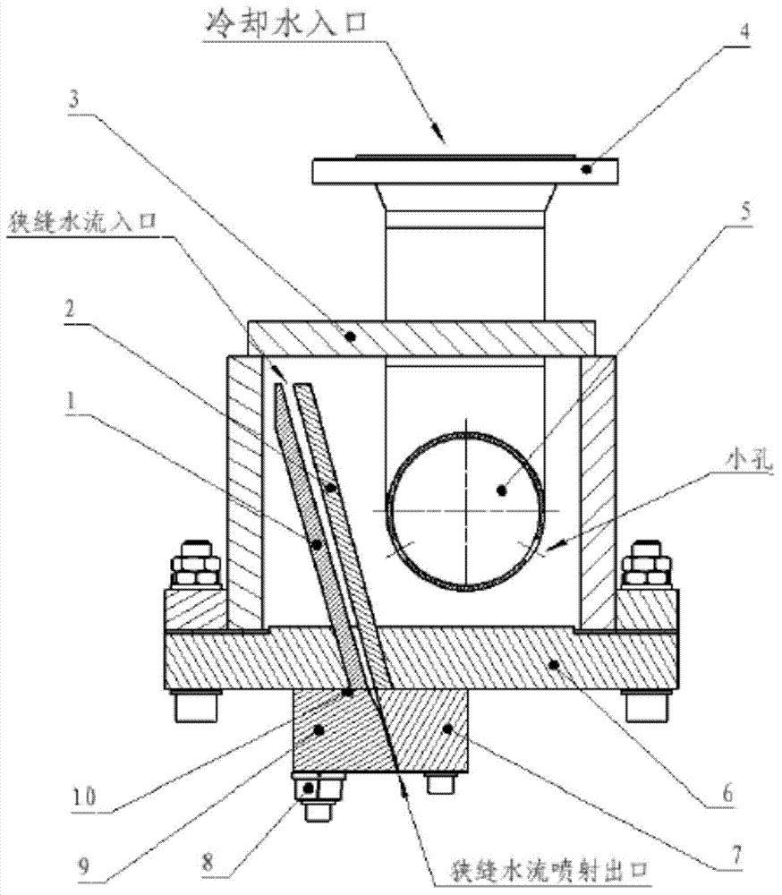 Cooling device for generating flat spraying jet