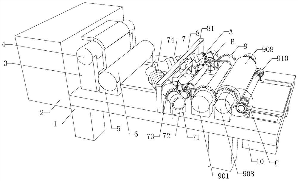 Excess material collecting device for PVC wood grain sheet production and collecting process thereof