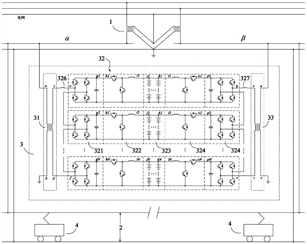 Traction substation with energy storage type power regulator