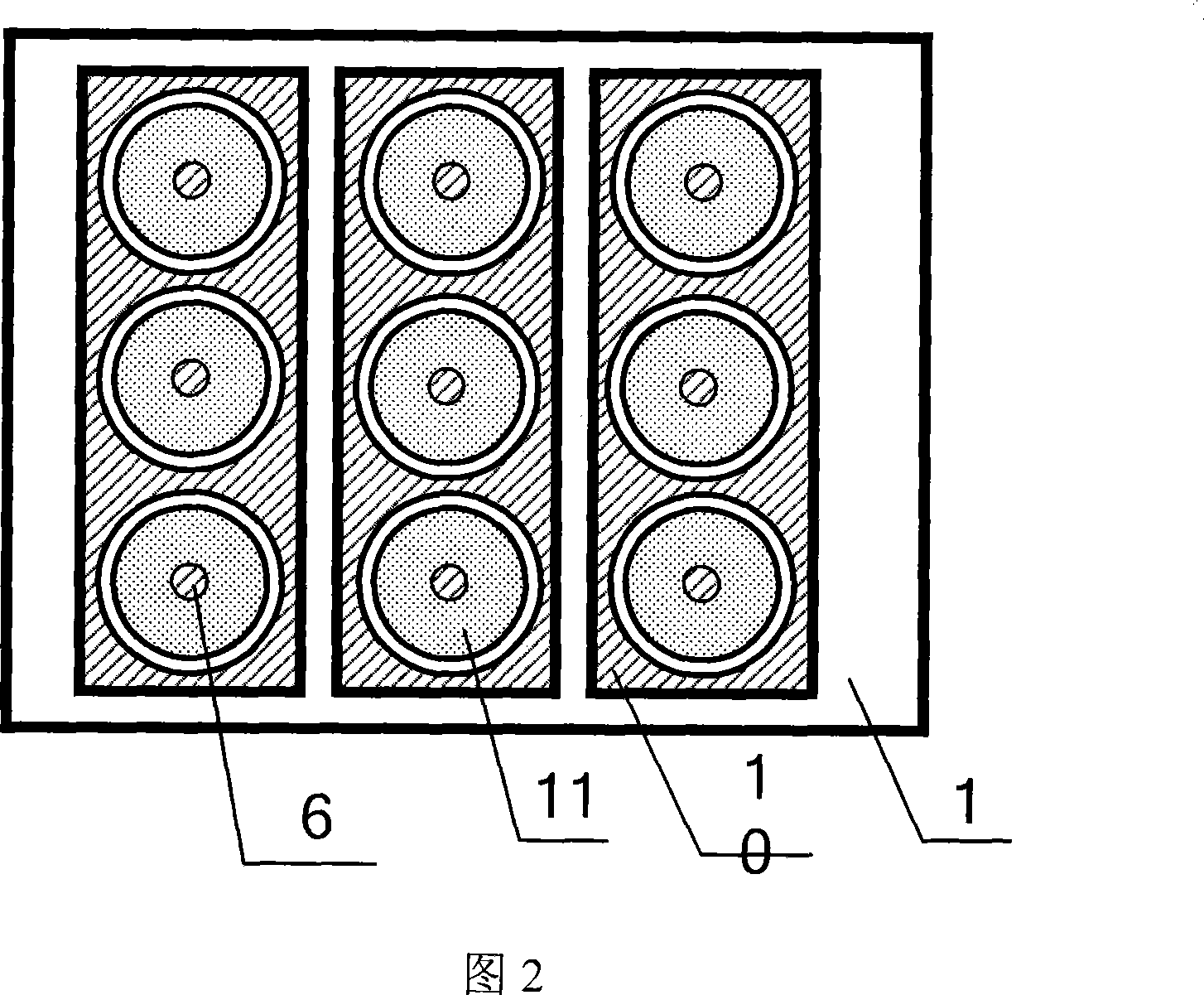 Planar display device with concave internal-grid controlled curved cathode structure and its production