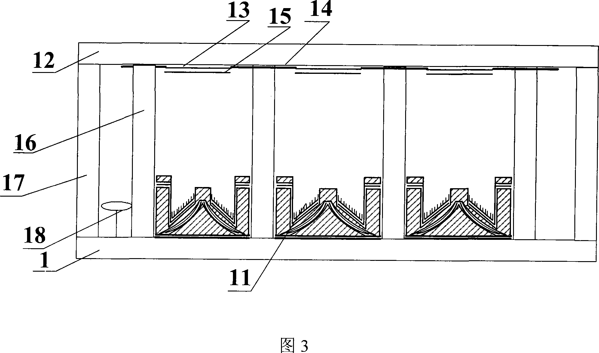 Planar display device with concave internal-grid controlled curved cathode structure and its production