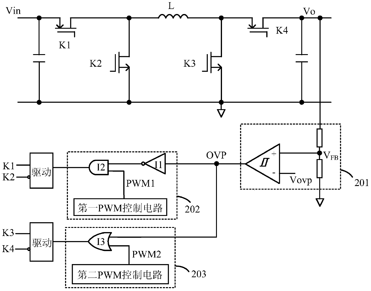 Method and circuit for overvoltage protection control of four-switch Buck-Boost converter