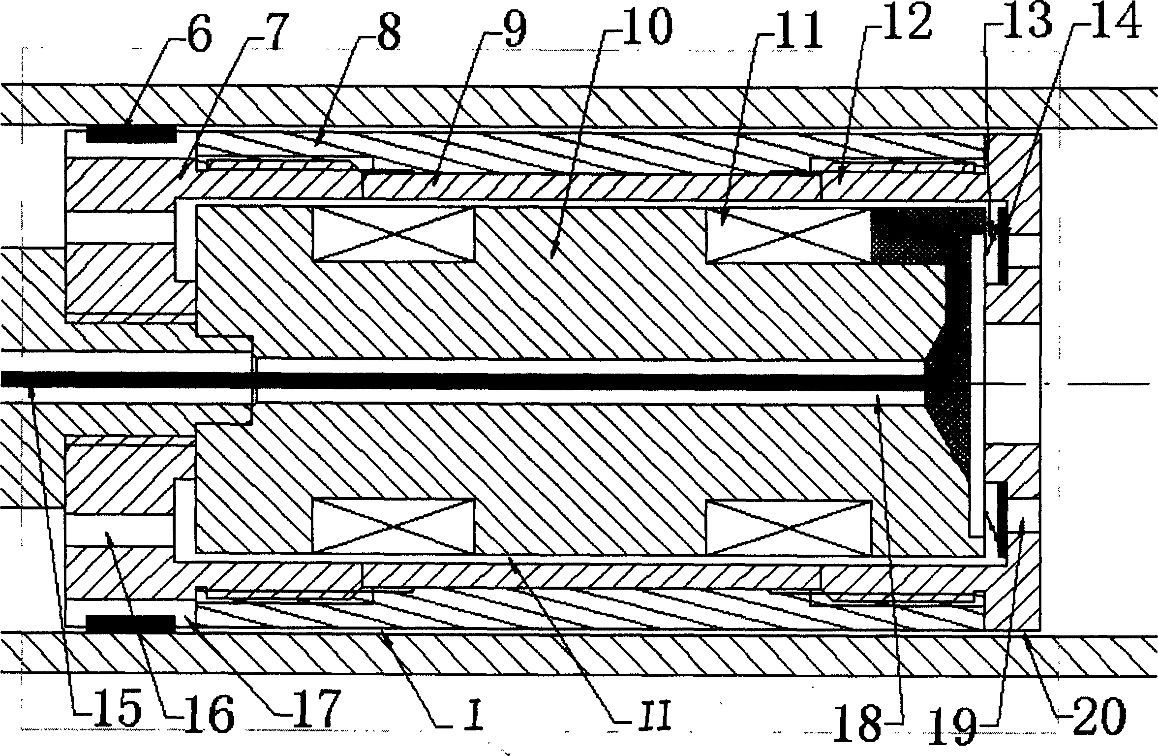 Double channel magnetic current damp variation device with recombination of mixing mode and flowing mode
