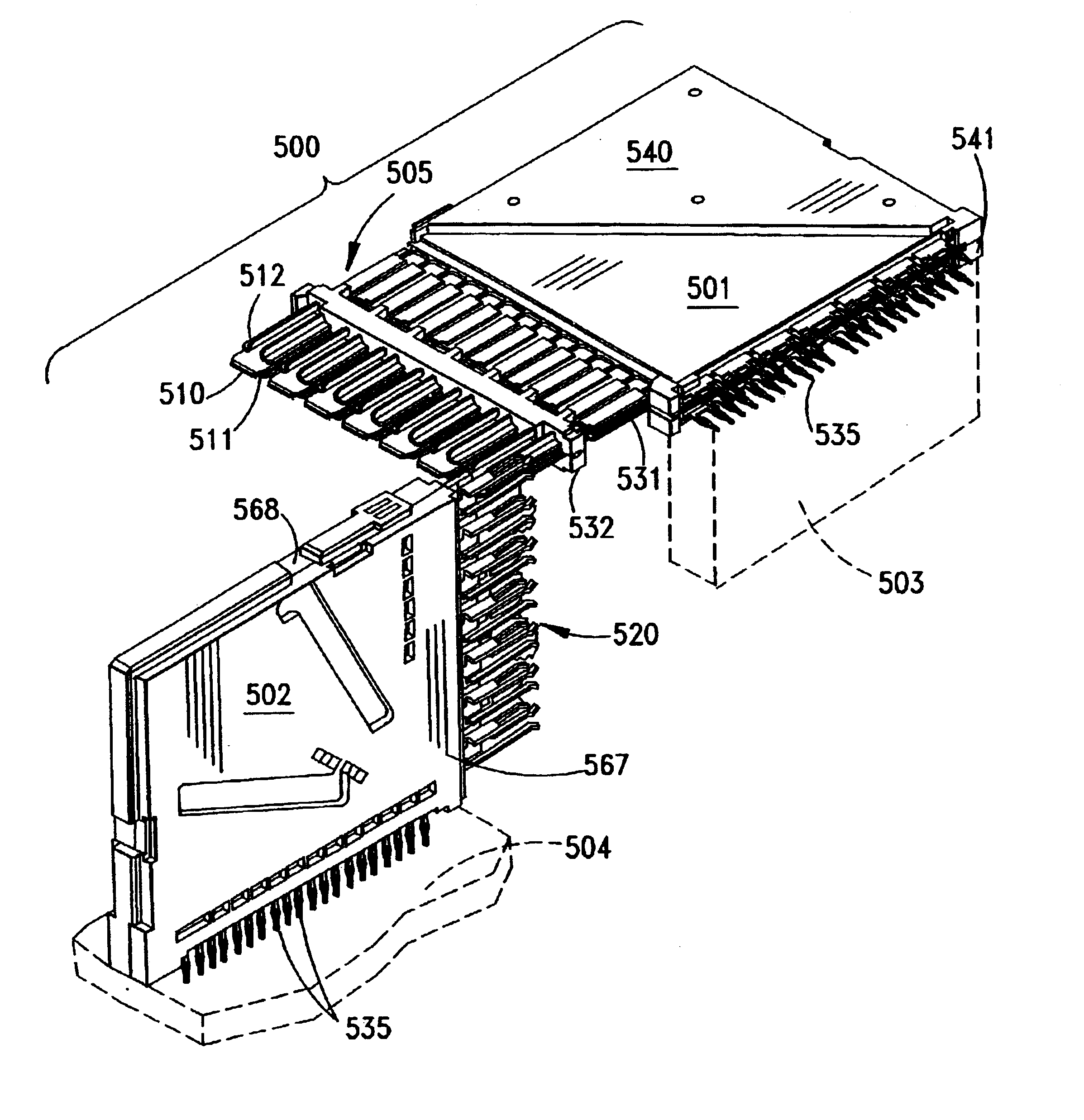 High-density connector assembly with flexural capabilities