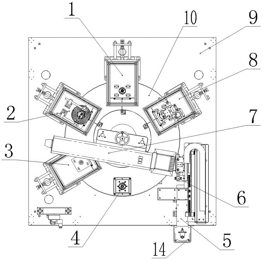 Station arrangement structure of idling motor automatic final inspecting and labeling integrated machine