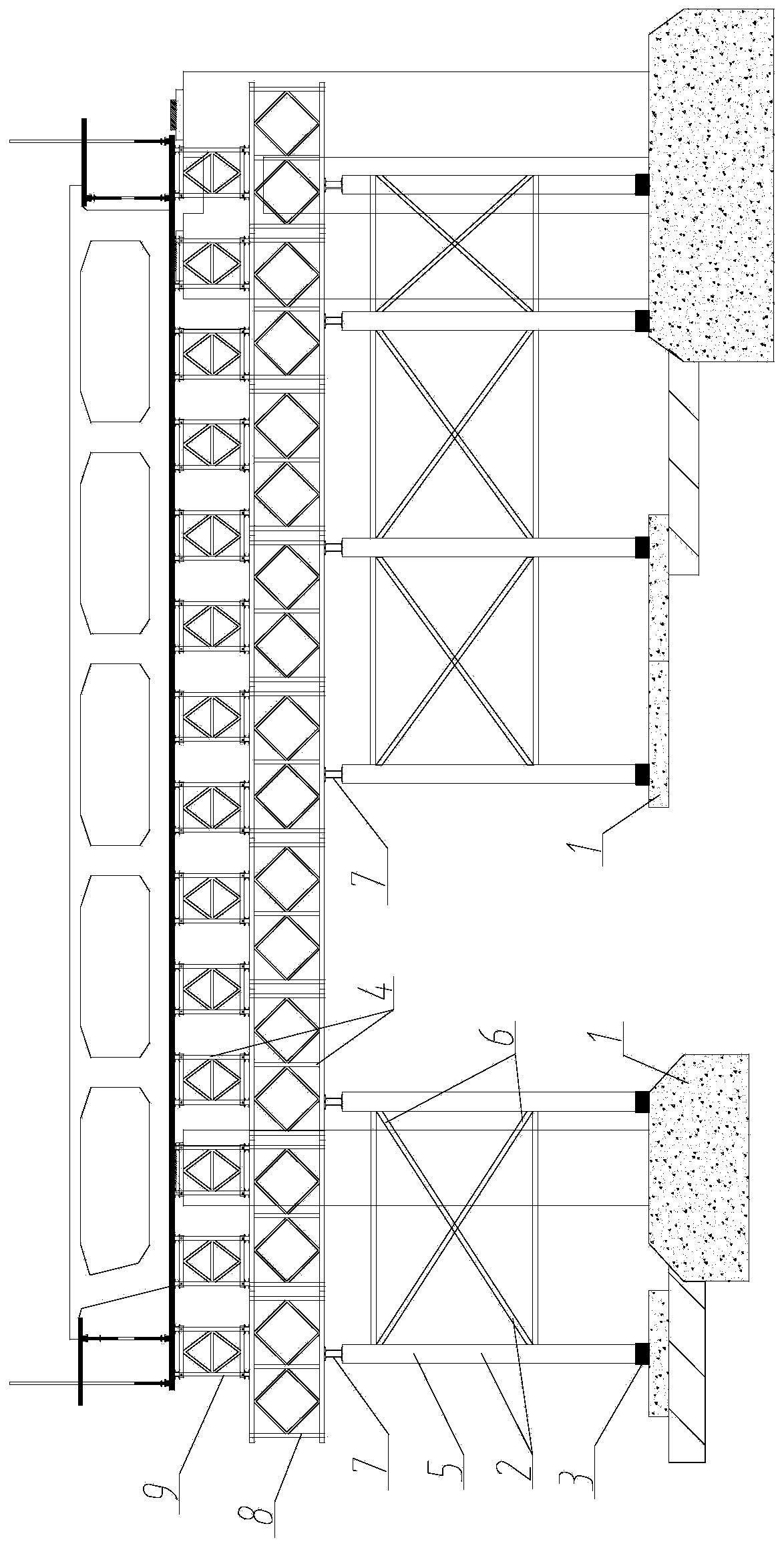 Self-dropping type box girder steel pipe bailey door opening bracket and supporting method thereof
