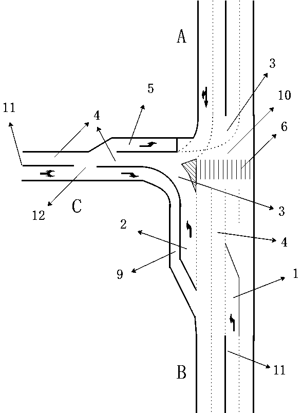 Three-way intersection adopting batch lane changing method and control method thereof