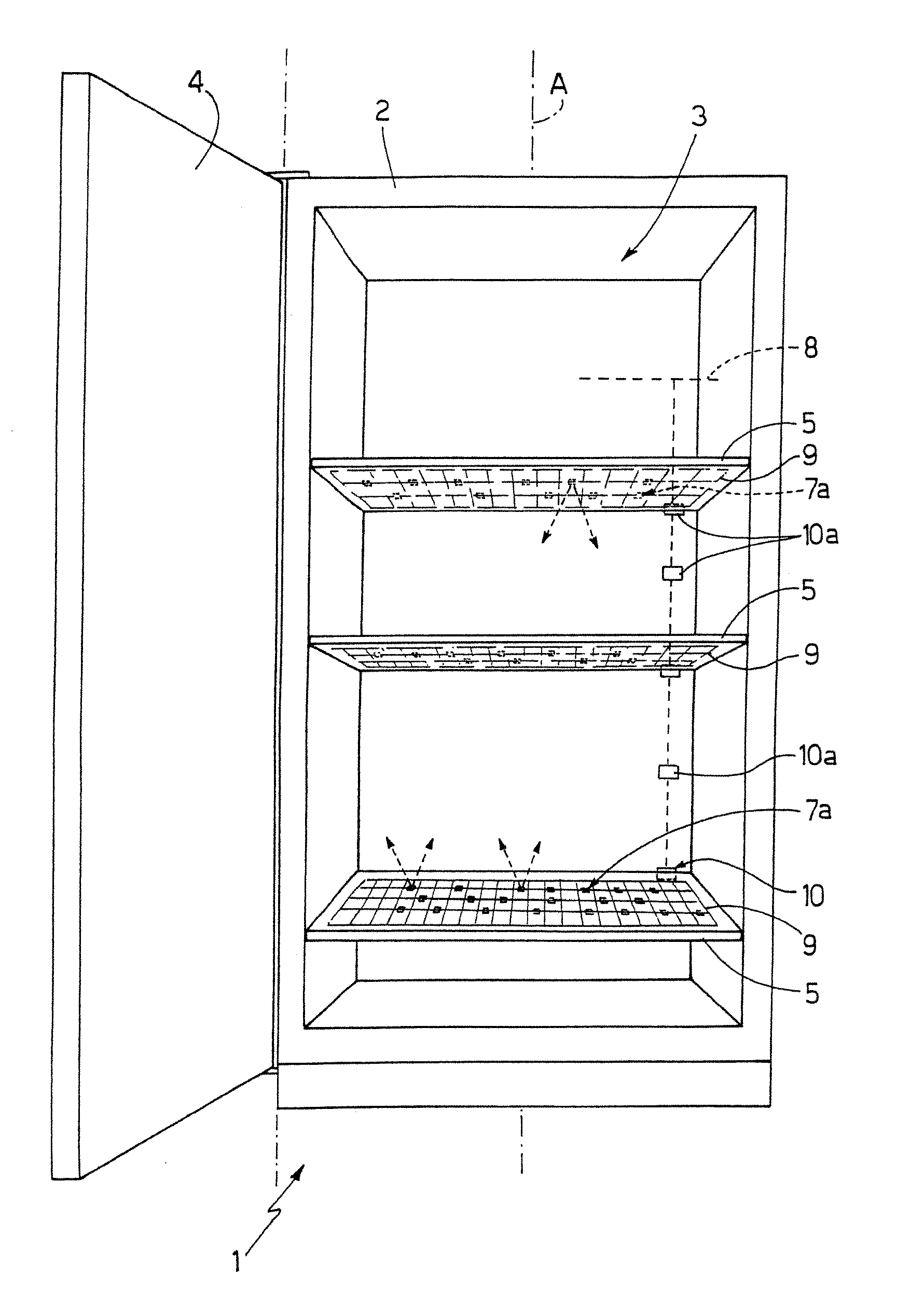 Food refrigeration appliance with illuminated shelves, and method of producing the illuminated shelves
