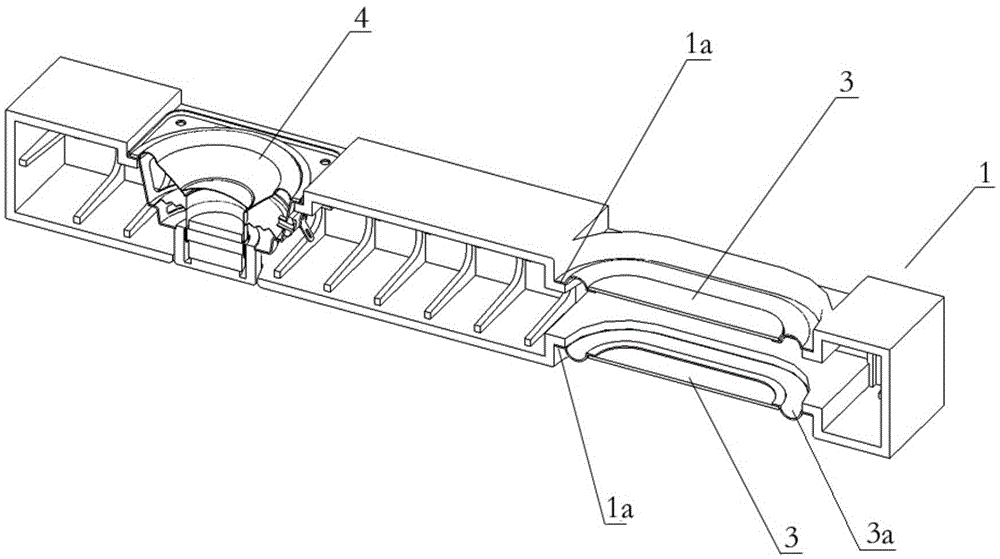 Strip-shaped loudspeaker box with mirror image type low-frequency radiators