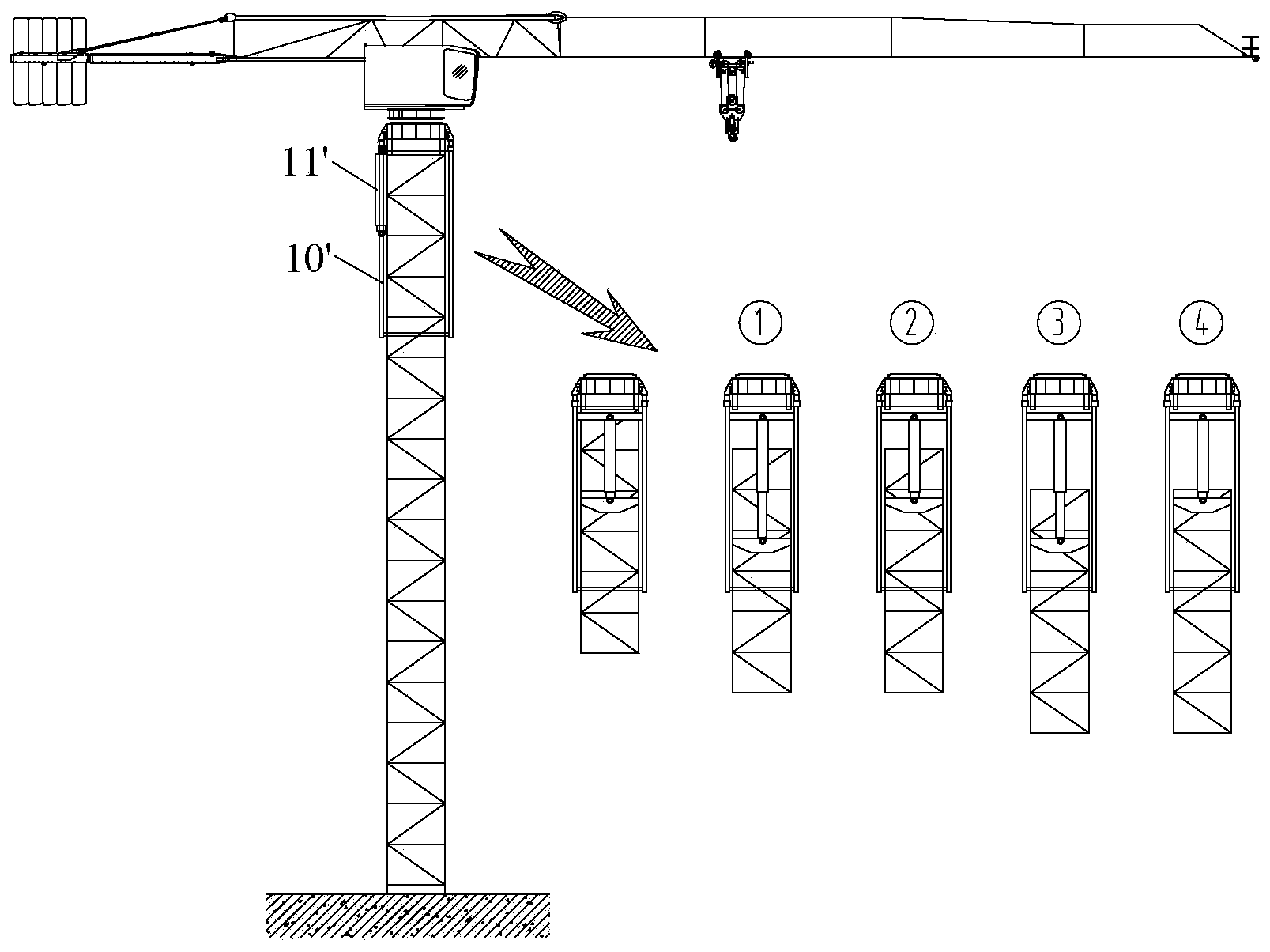 Jacking mechanism, jacking method and tower crane with jacking mechanism