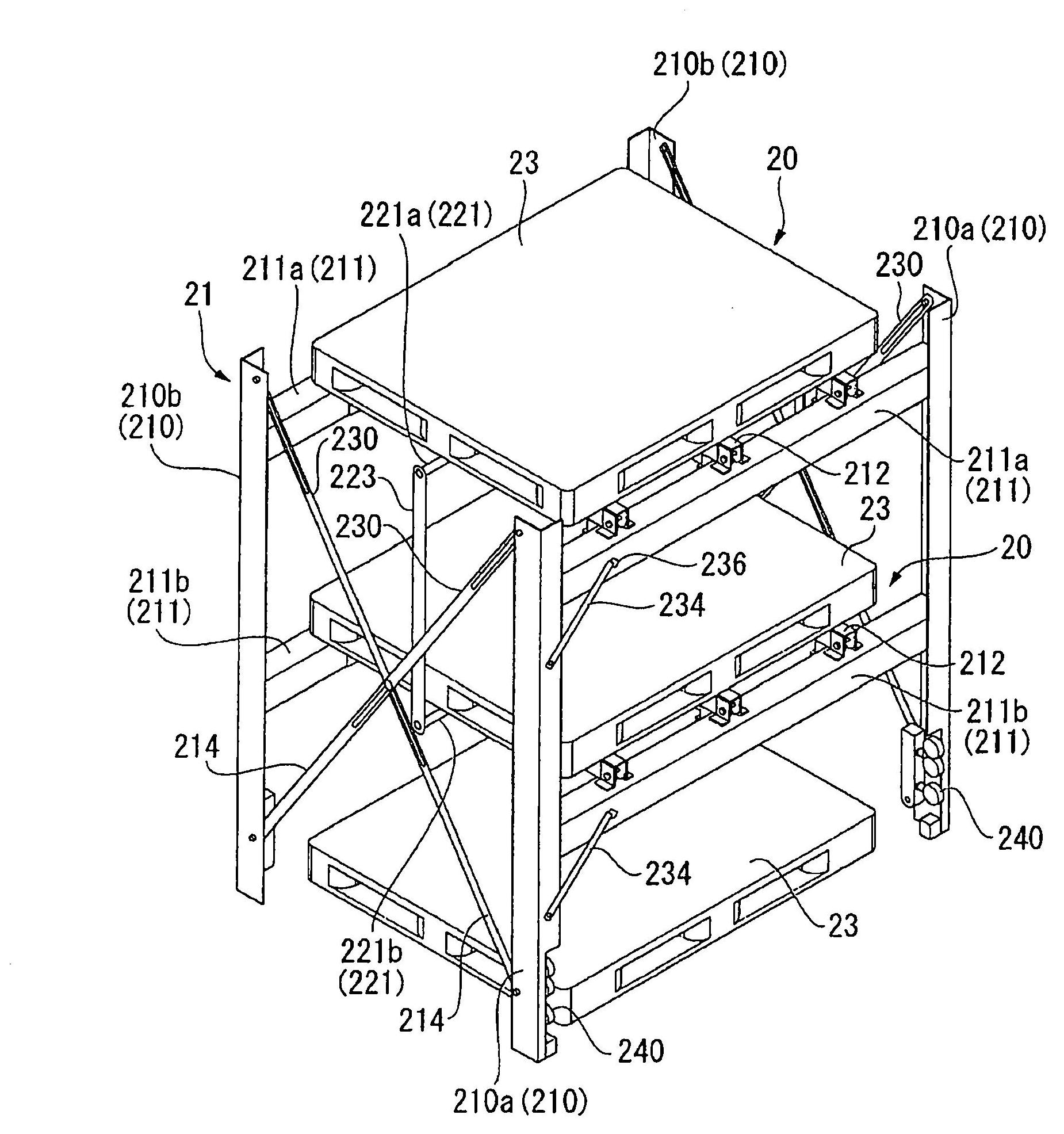 Pallet rack, pallet rack unit, and container provided with pallet racks