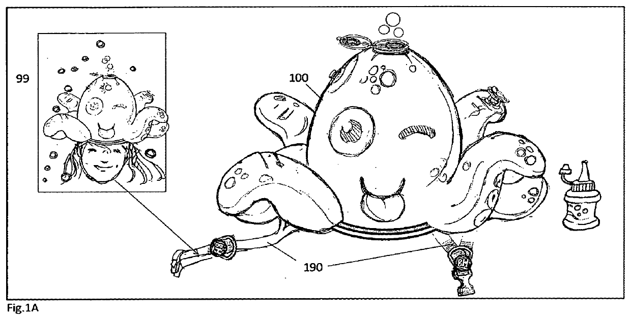 Wearable inflatable headpiece with automated soap bubble production mechanism