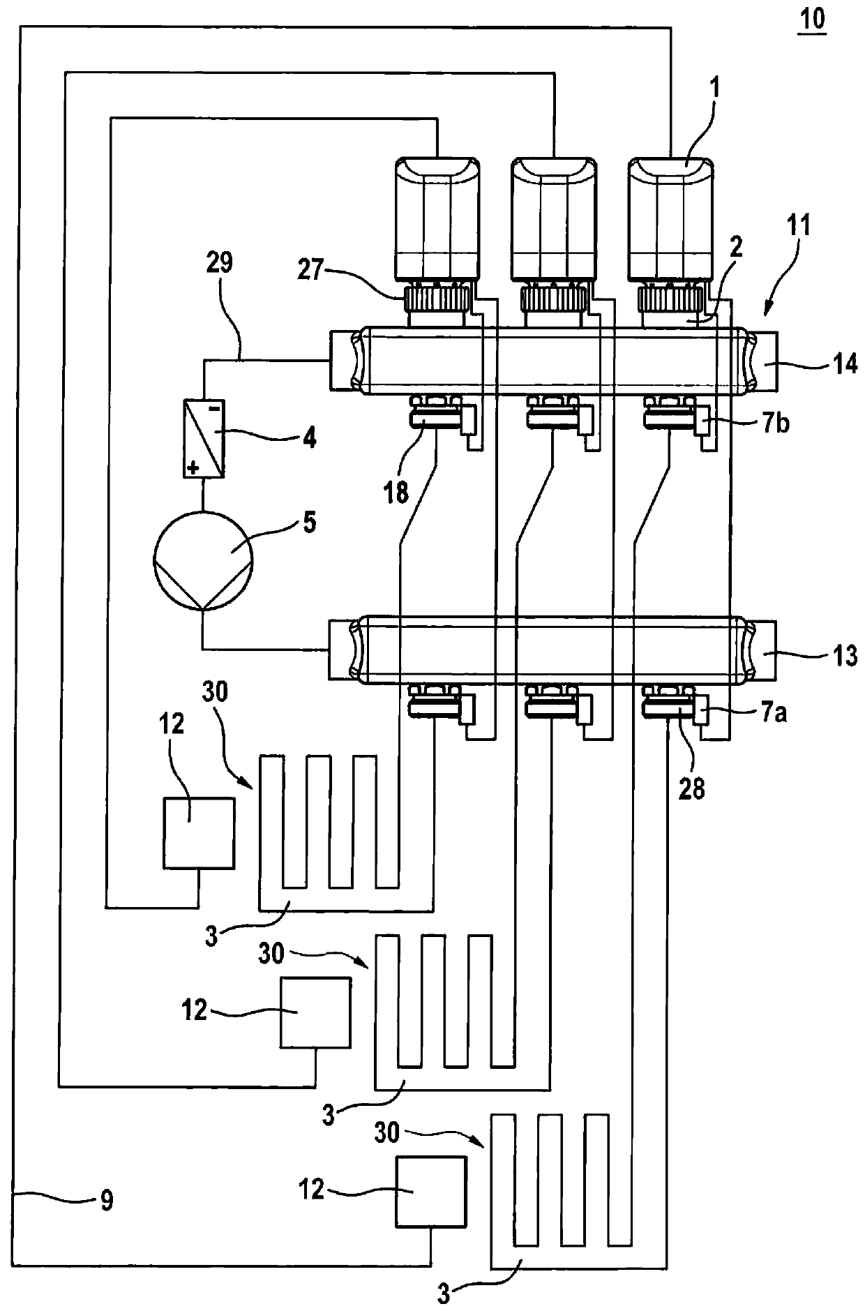 Self-regulating adjustment device for a throughflow regulation valve, a temperature control system and a distributor device having the same, and associated methods
