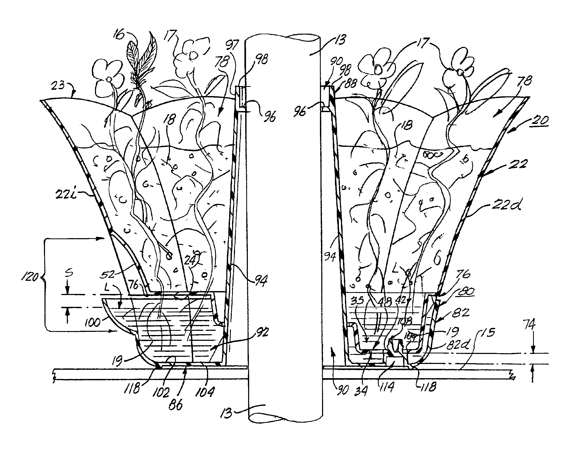 Umbrella planter with a snap-on base