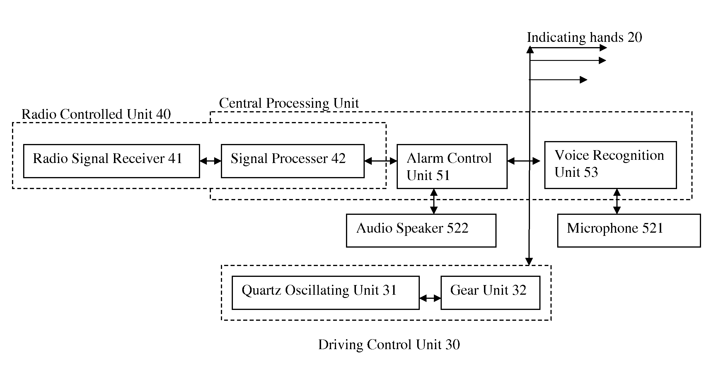 Analog radio controlled clock with audio alarm arrangement