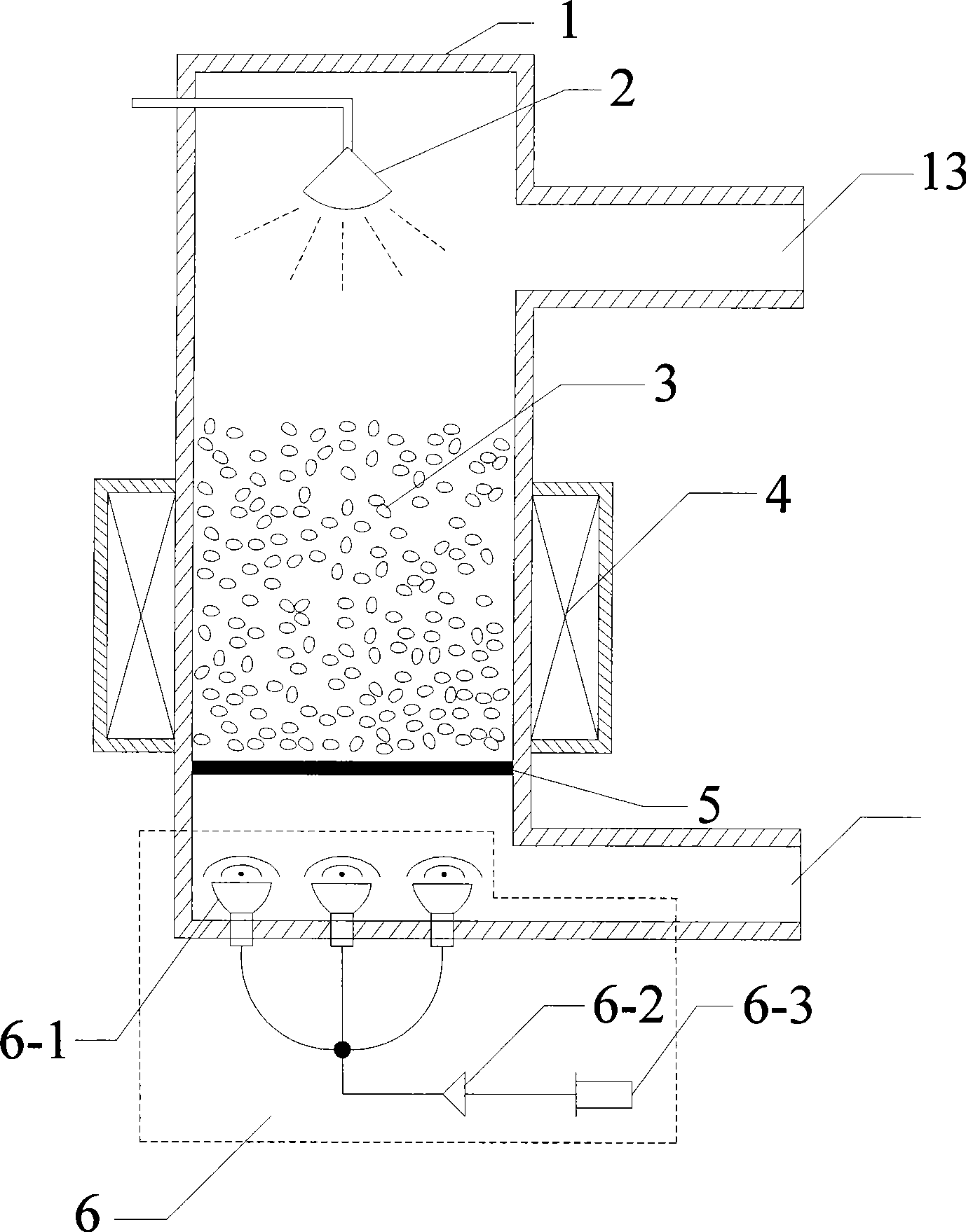 Dedusting and desulfurizing fluid bed reactor with combined action of sound and magnetism