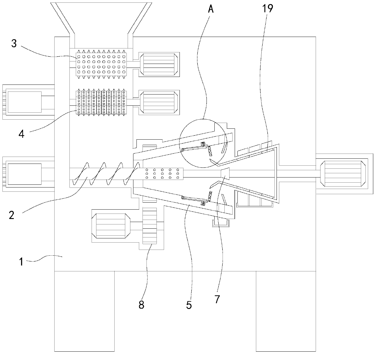 Through-flow-type garbage guiding, collecting and smashing device