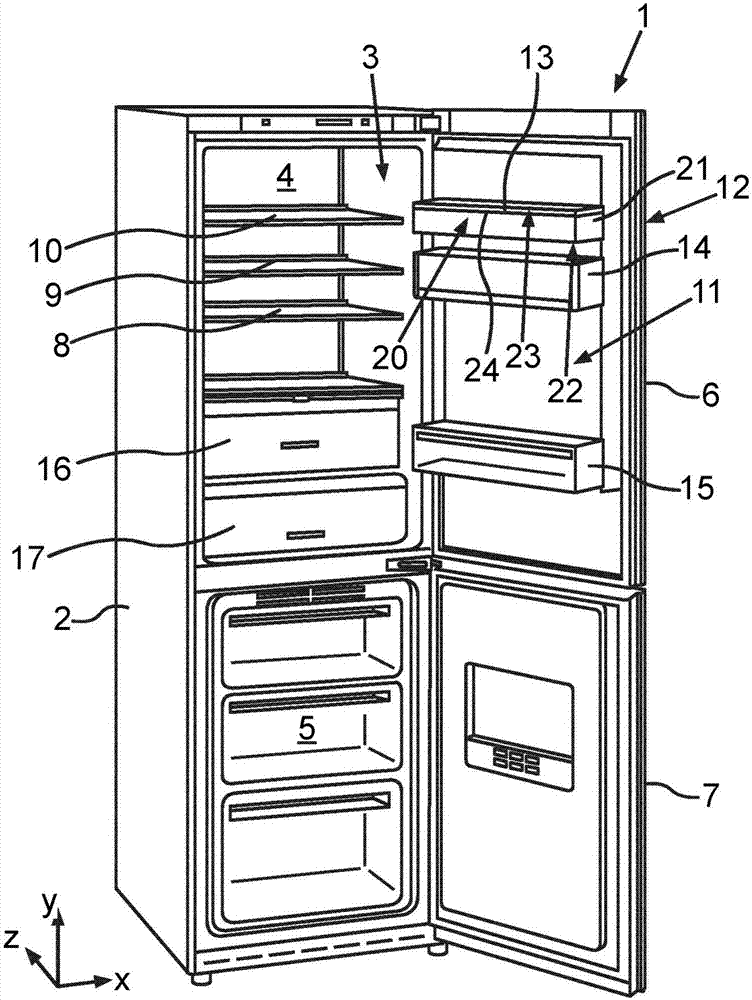 Food-accommodating container with specifically applied decorative film and domestic refrigeration appliance having such a food-accommodating container