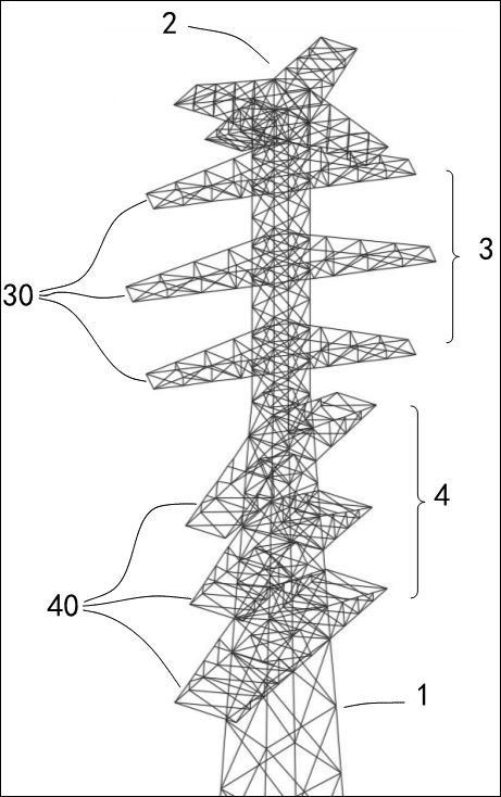 Branching tower for four-loop overhead transmission line