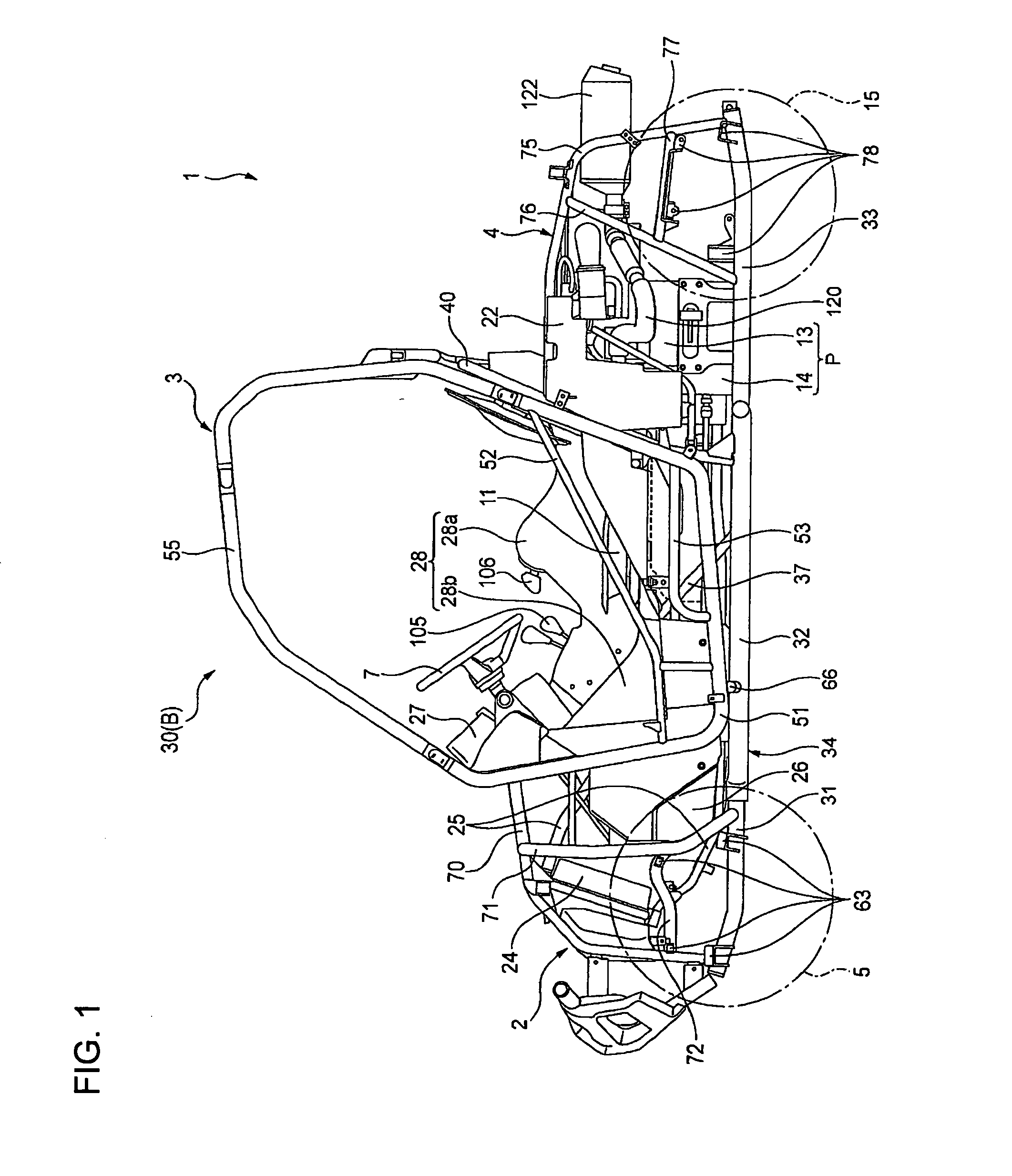 Arrangement of components in a vehicle, and vehicle incorporating same