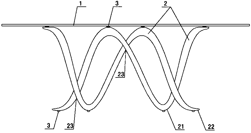 Table with double-parabola crossed supporting legs