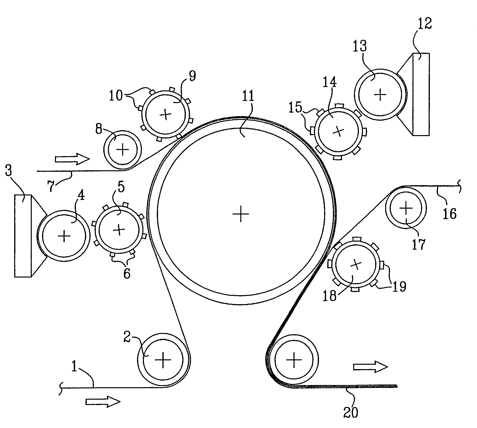 Method for producing a multi-ply web of flexible material, such as paper and nonwoven, and multi-ply material produced by the method