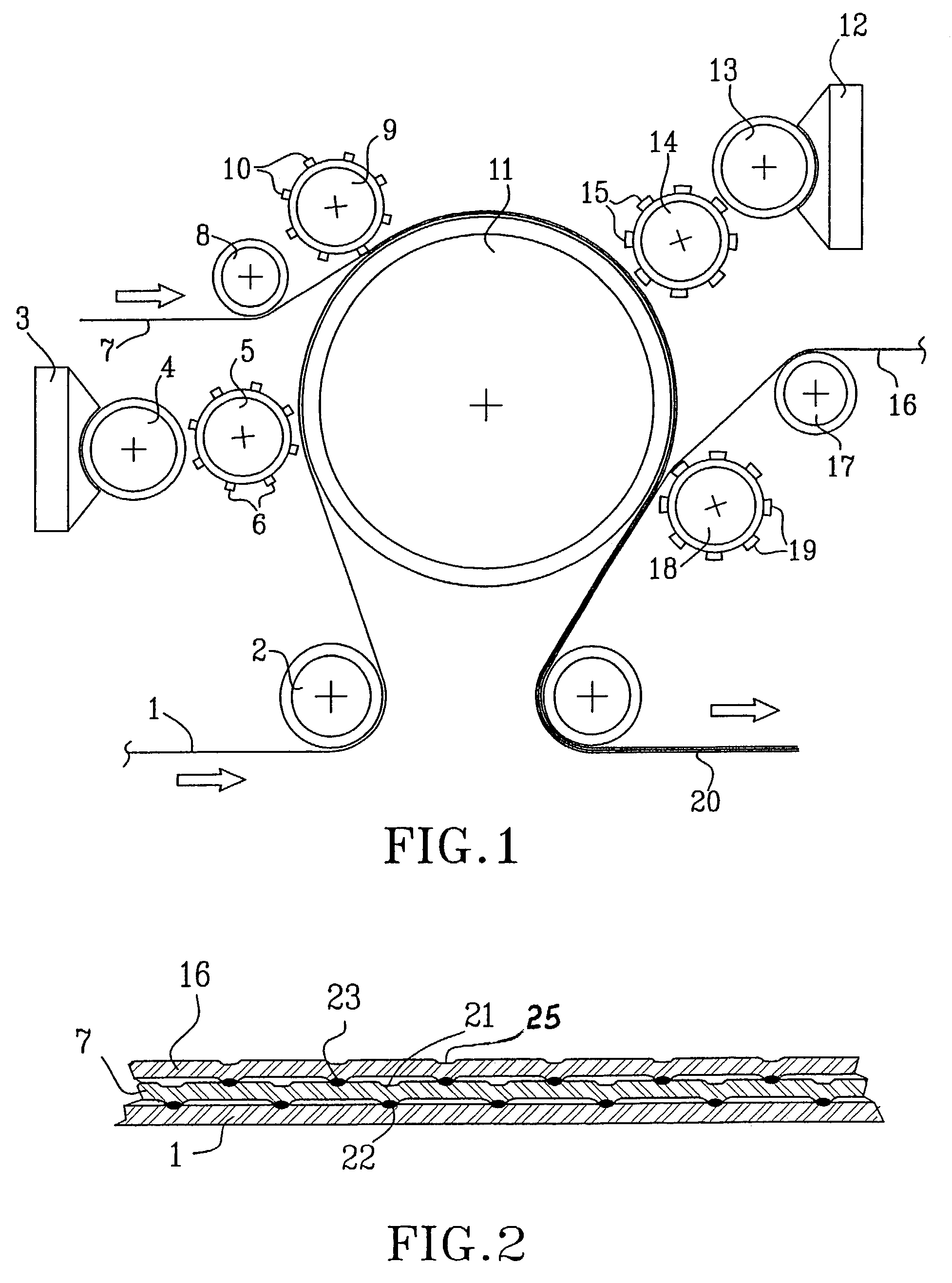 Method for producing a multi-ply web of flexible material, such as paper and nonwoven, and multi-ply material produced by the method