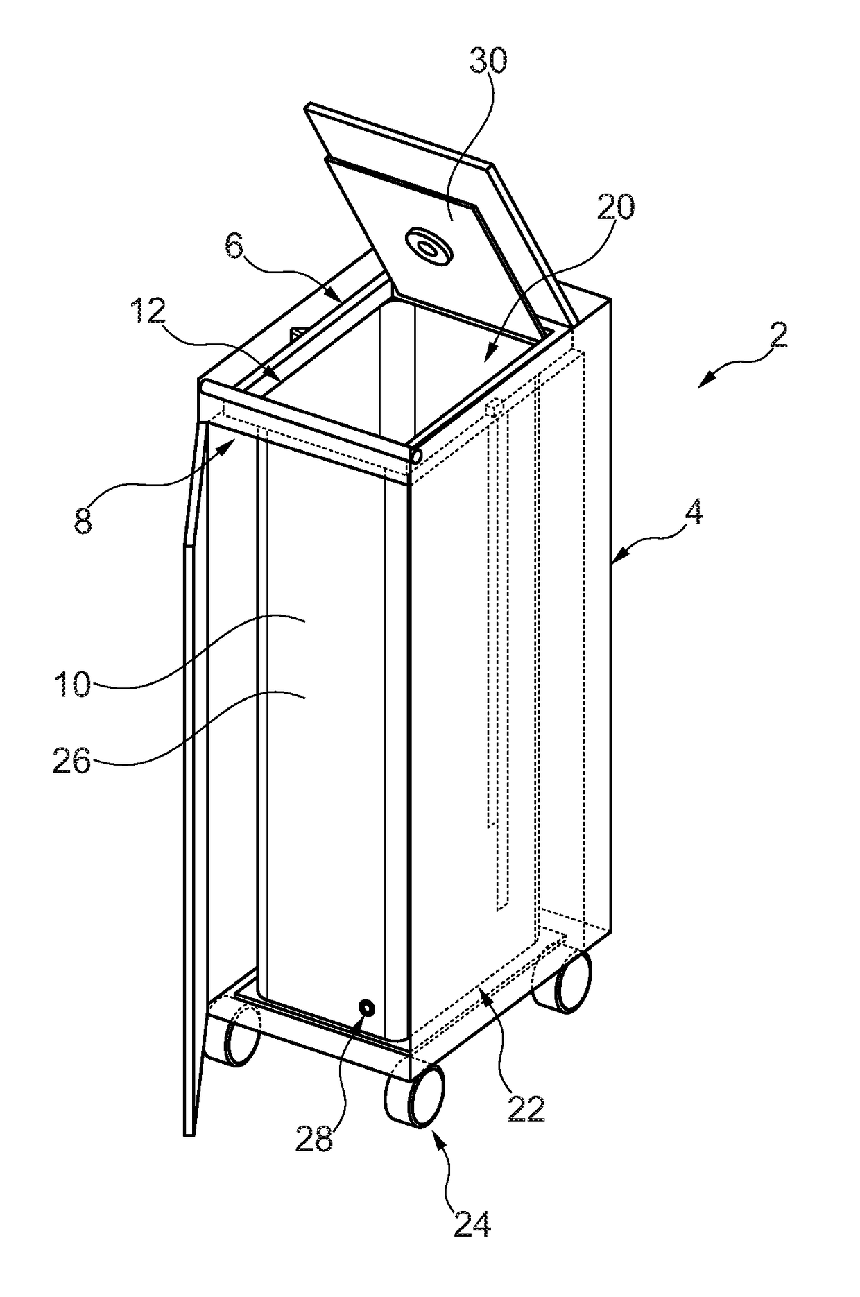Trolley for Collecting Waste Products in a Vehicle, Cabin Monument for a Vehicle, Fluid Receiving Container and Vehicle